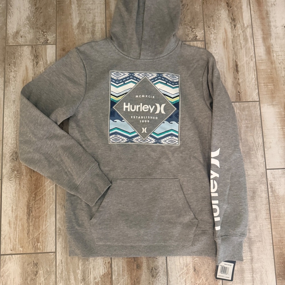Hurley Kids Carbon Heather Grey Graphic Pullover Hoodie Sweatshirt Large 12-13